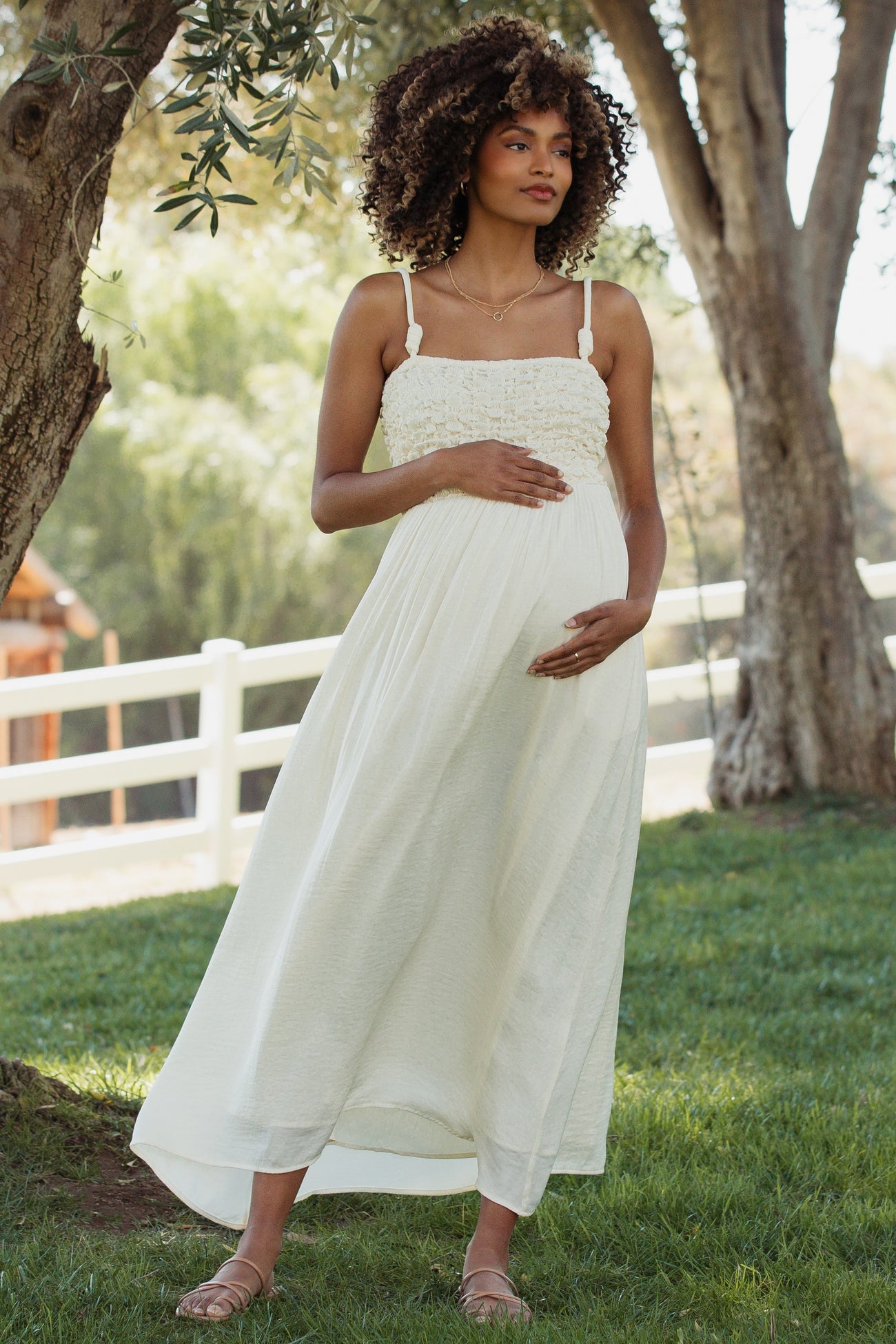 Ivory Textured Smocked Maternity Maxi Dress