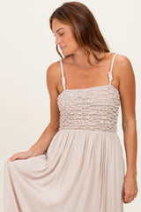 Beige Textured Smocked Maxi Dress