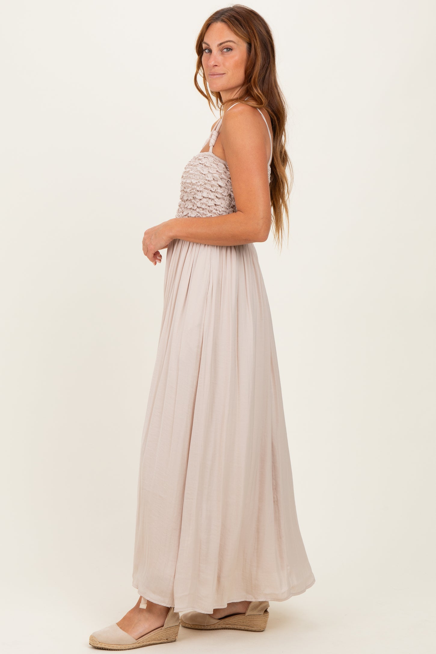 Beige Textured Smocked Maxi Dress