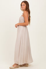 Beige Textured Smocked Maxi Dress