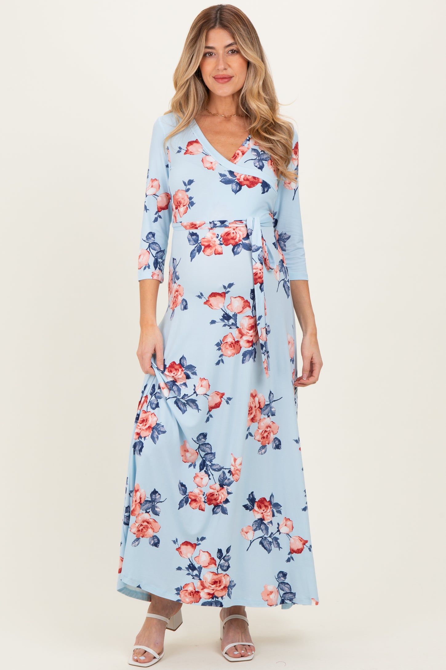 Sky Blue Floral Maternity Wrap Maxi Dress