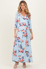 Sky Blue Floral Maternity Wrap Maxi Dress