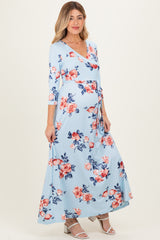 Sky Blue Floral Maternity Wrap Maxi Dress