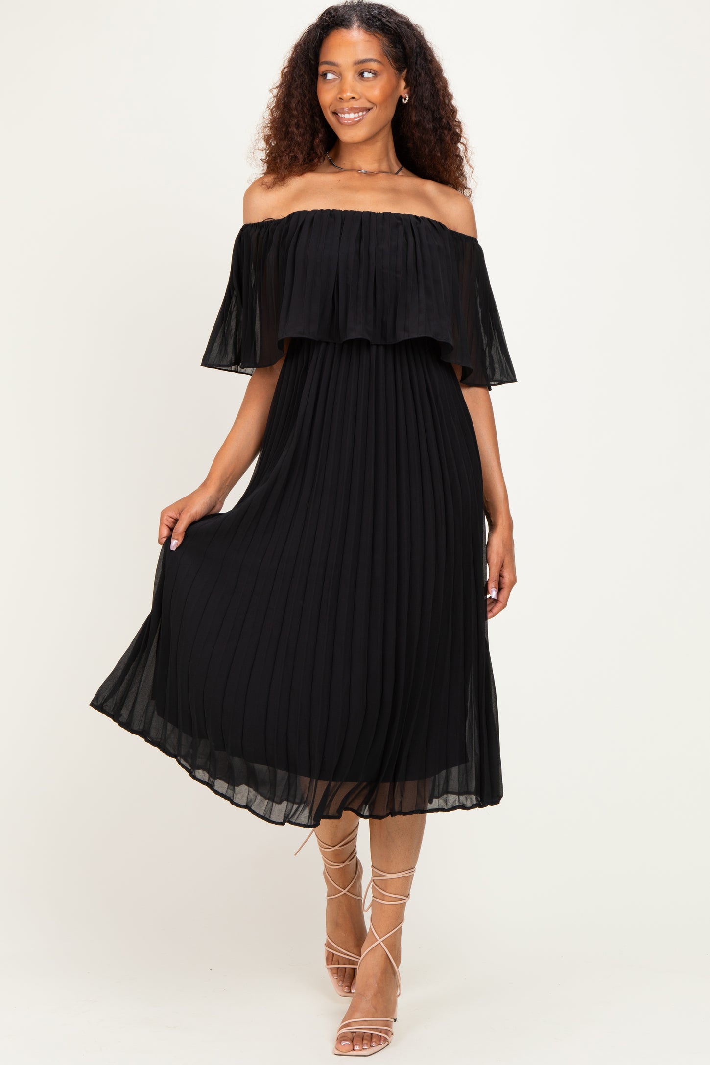 Black Pleated Off Shoulder Flounce Midi Dress
