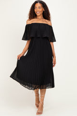 Black Pleated Off Shoulder Flounce Midi Dress