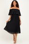 Black Pleated Off Shoulder Flounce Midi Dress