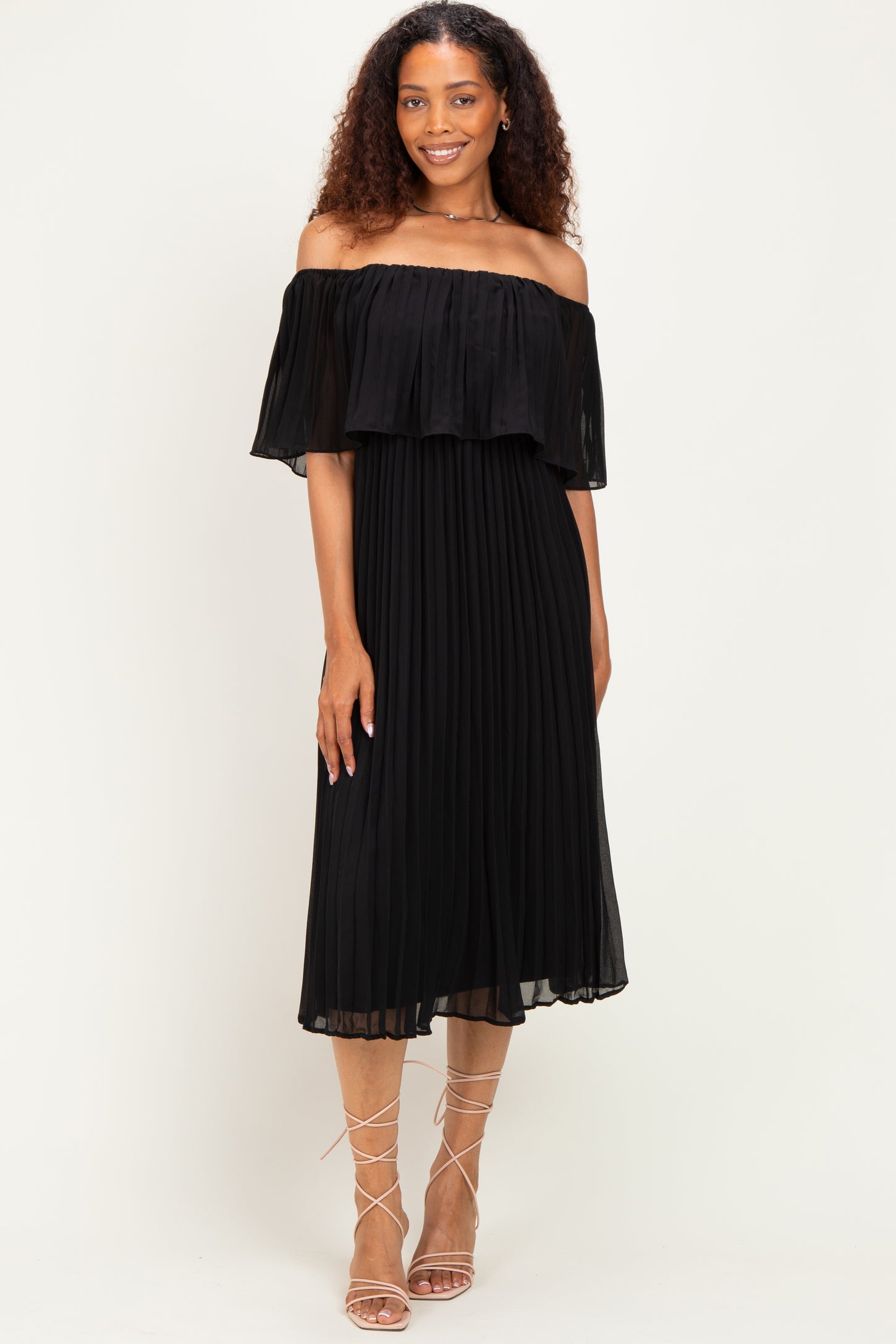 Black Pleated Off Shoulder Flounce Midi Dress
