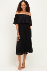 Black Pleated Off Shoulder Flounce Midi Dress