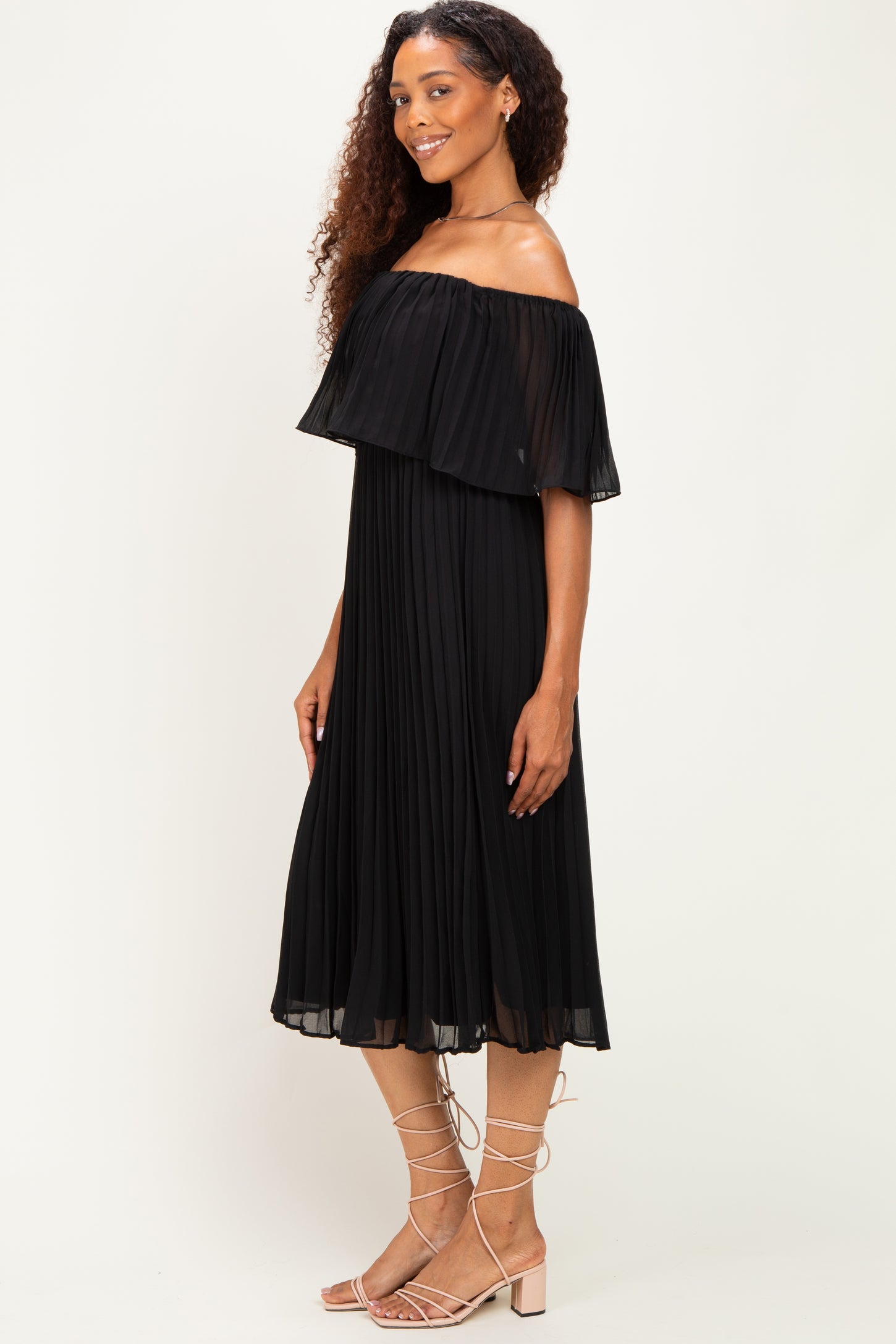 Black Pleated Off Shoulder Flounce Midi Dress