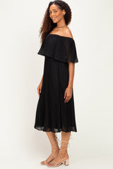 Black Pleated Off Shoulder Flounce Midi Dress