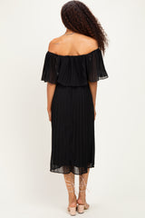 Black Pleated Off Shoulder Flounce Midi Dress