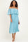 Blue Pleated Off Shoulder Flounce Midi Dress