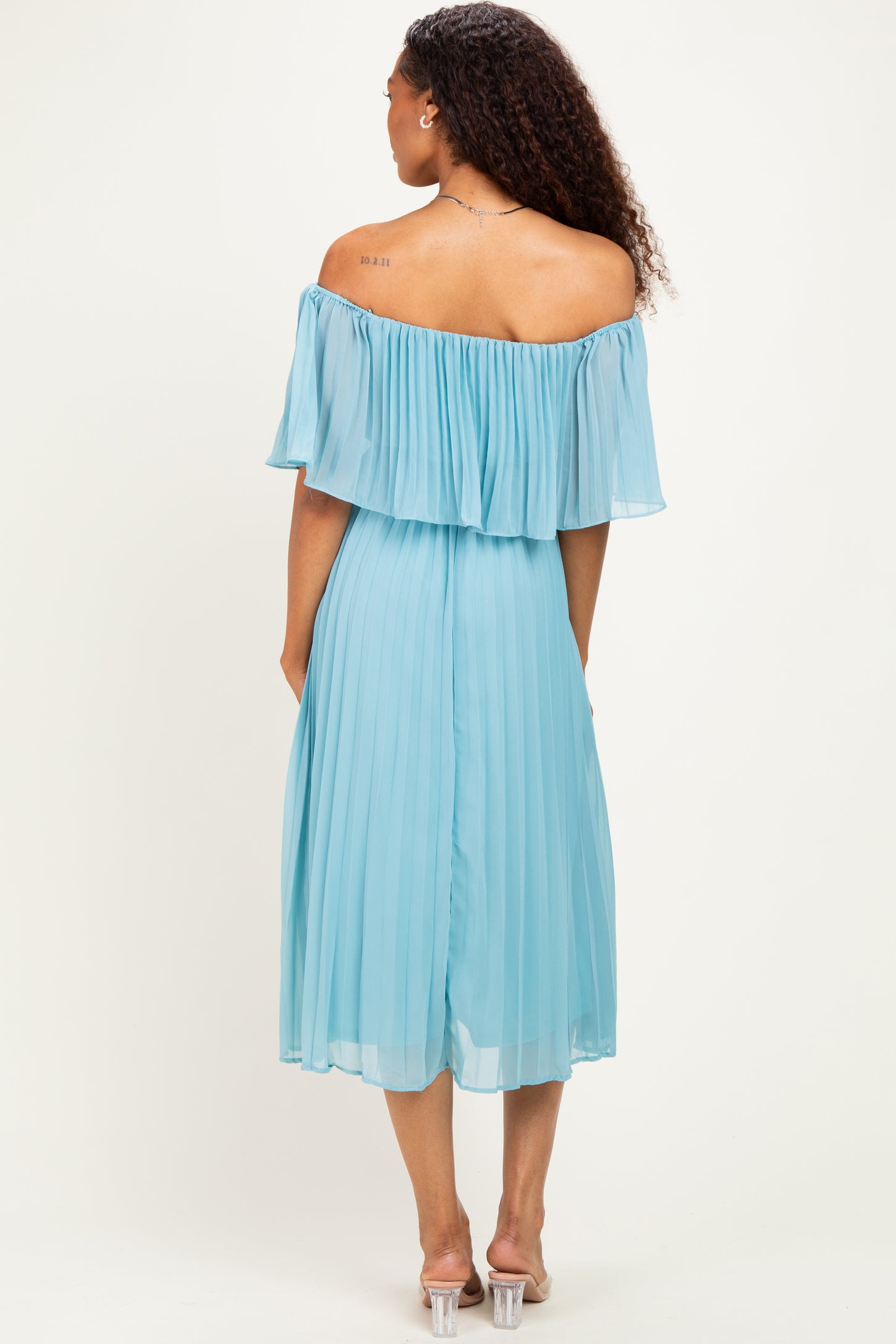 Blue Pleated Off Shoulder Flounce Midi Dress