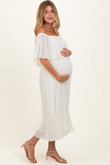 Cream Pleated Off Shoulder Flounce Maternity Midi Dress