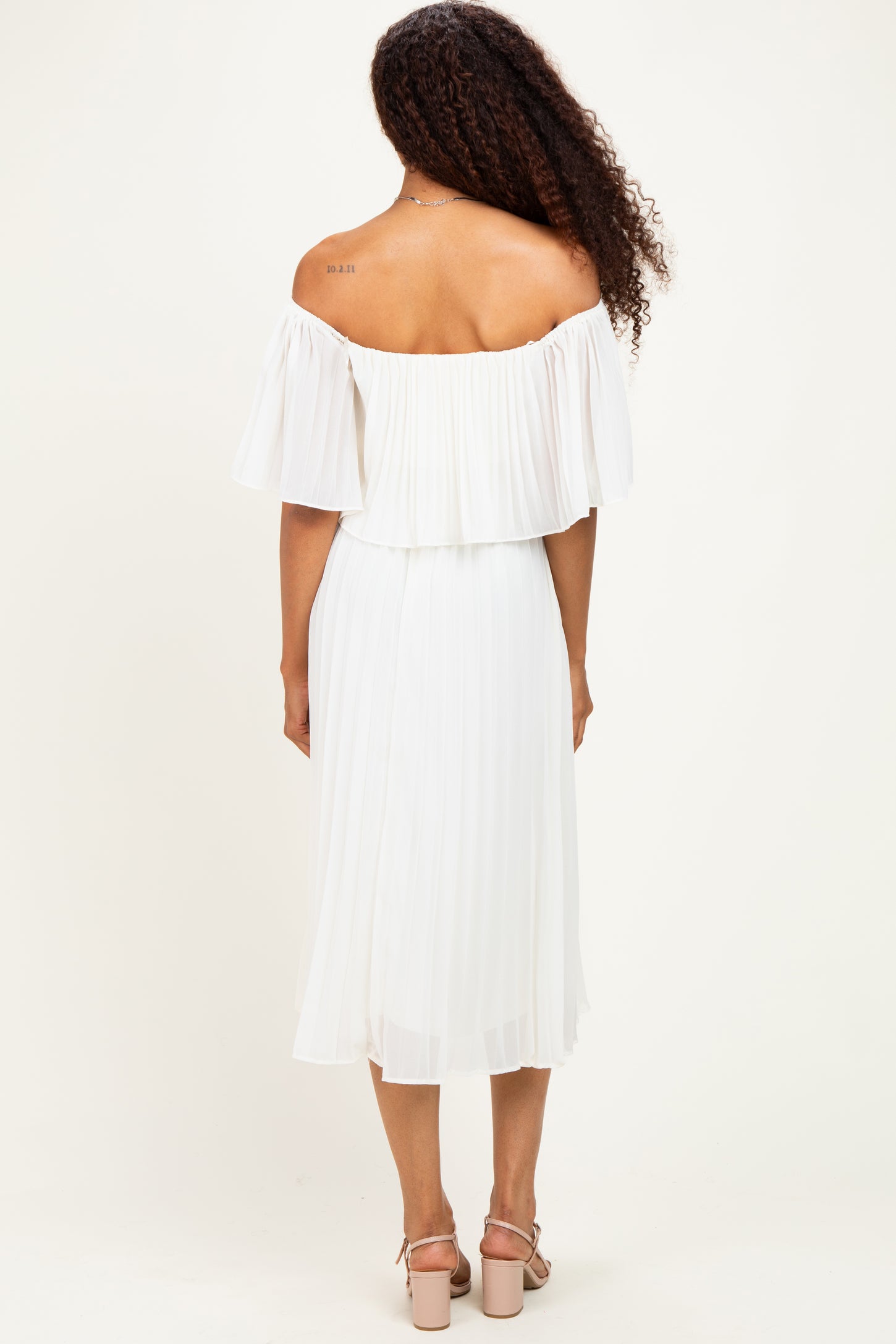 Cream Pleated Off Shoulder Flounce Midi Dress