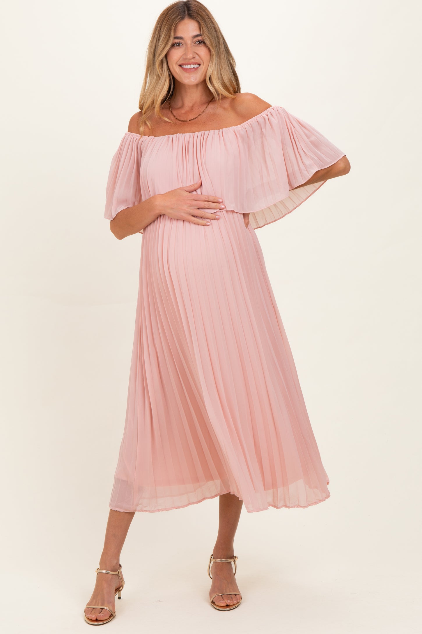 Pink Pleated Off Shoulder Flounce Maternity Midi Dress