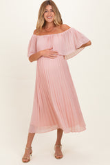 Pink Pleated Off Shoulder Flounce Maternity Midi Dress