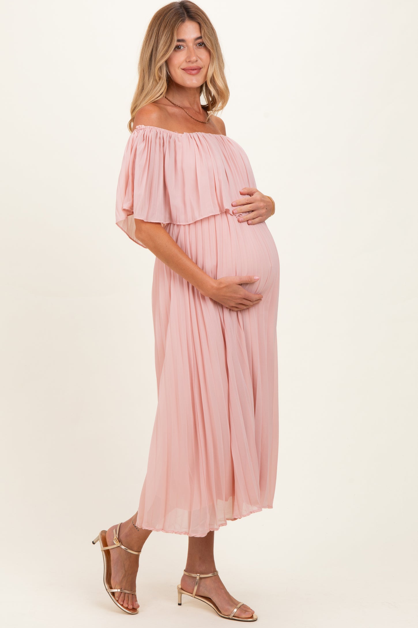 Pink Pleated Off Shoulder Flounce Maternity Midi Dress