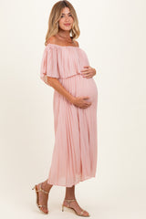 Pink Pleated Off Shoulder Flounce Maternity Midi Dress