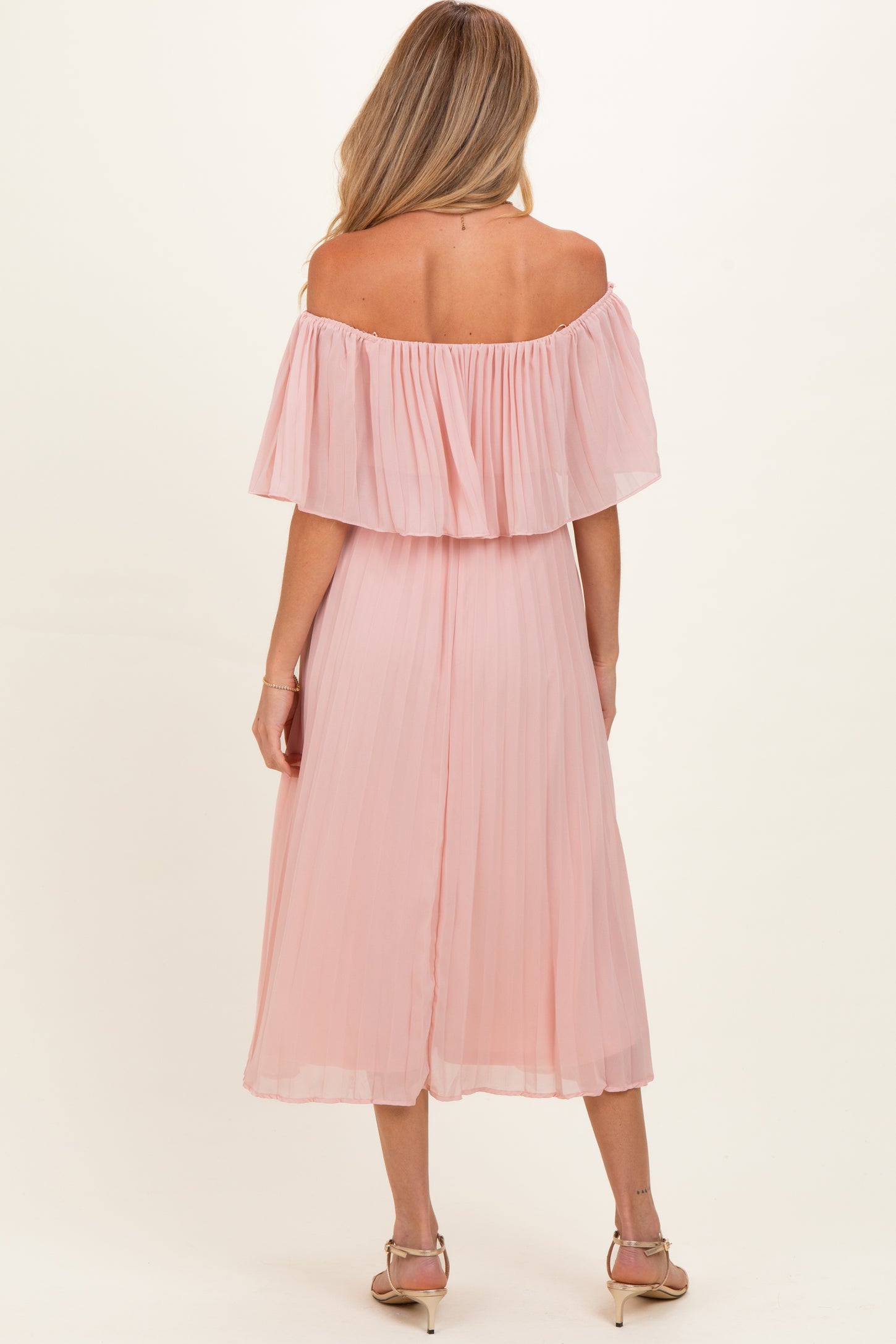 Pink Pleated Off Shoulder Flounce Maternity Midi Dress