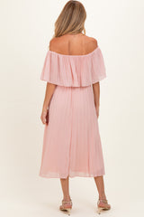 Pink Pleated Off Shoulder Flounce Maternity Midi Dress