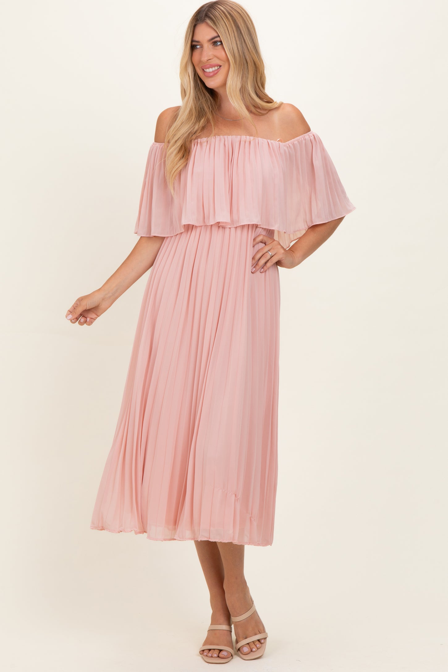 Pink Pleated Off Shoulder Flounce Maternity Midi Dress