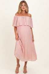 Pink Pleated Off Shoulder Flounce Maternity Midi Dress