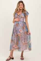 Multicolor Floral Mesh Smocked Cinched Bodice Maternity Midi Dresses