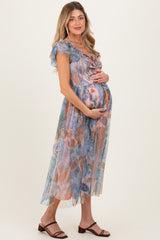 Multicolor Floral Mesh Smocked Cinched Bodice Maternity Midi Dresses