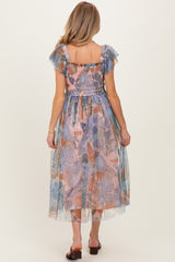 Multicolor Floral Mesh Smocked Cinched Bodice Maternity Midi Dresses