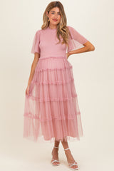 Pink Smocked Top Mesh Midi Dress