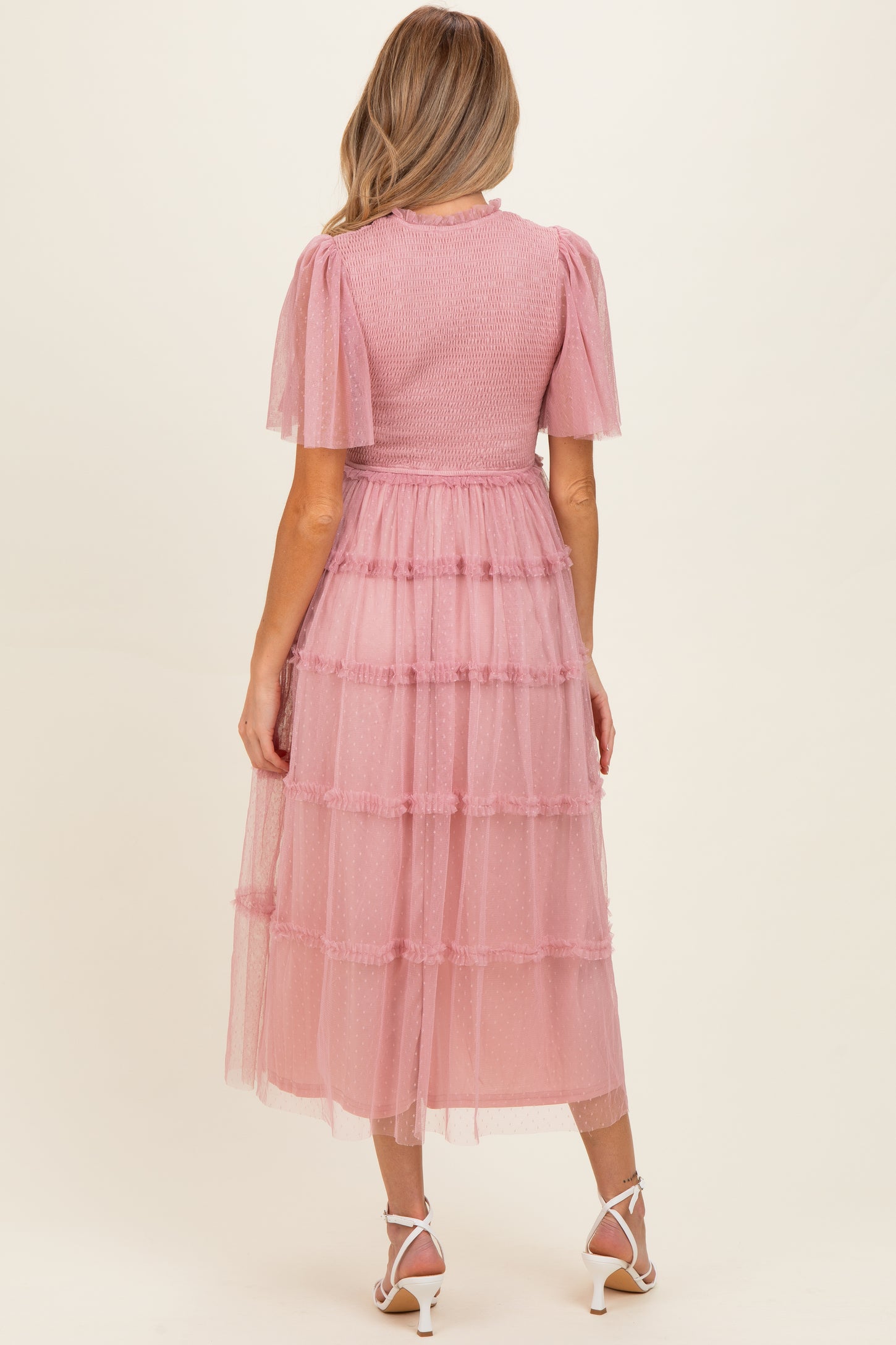 Pink Smocked Top Mesh Midi Dress