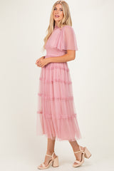 Pink Smocked Top Mesh Midi Dress