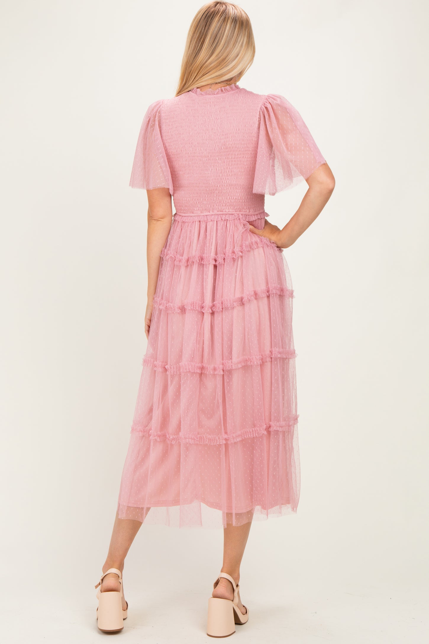 Pink Smocked Top Mesh Midi Dress