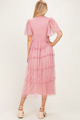 Pink Smocked Top Mesh Midi Dress