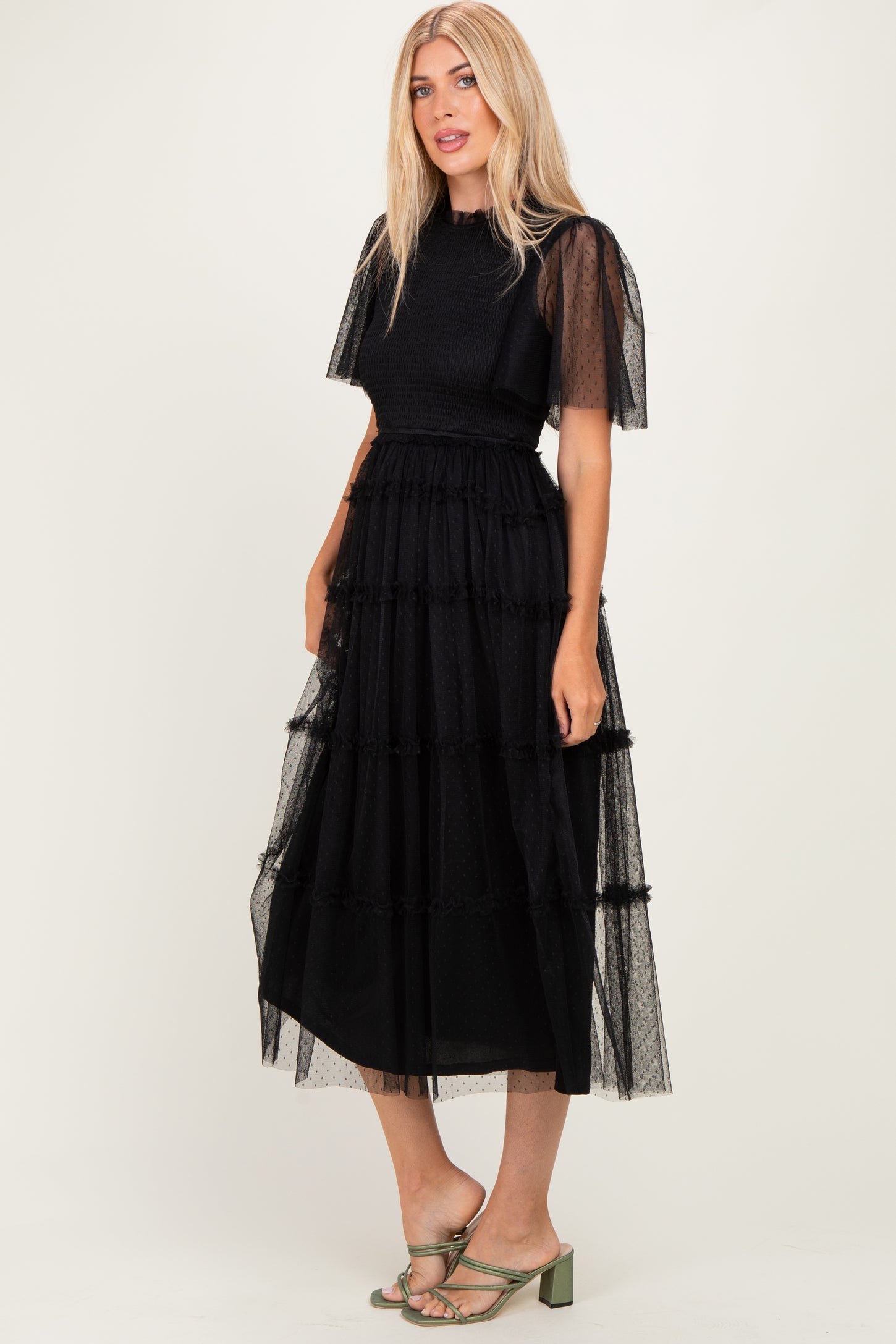 Black Smocked Top Mesh Midi Dress