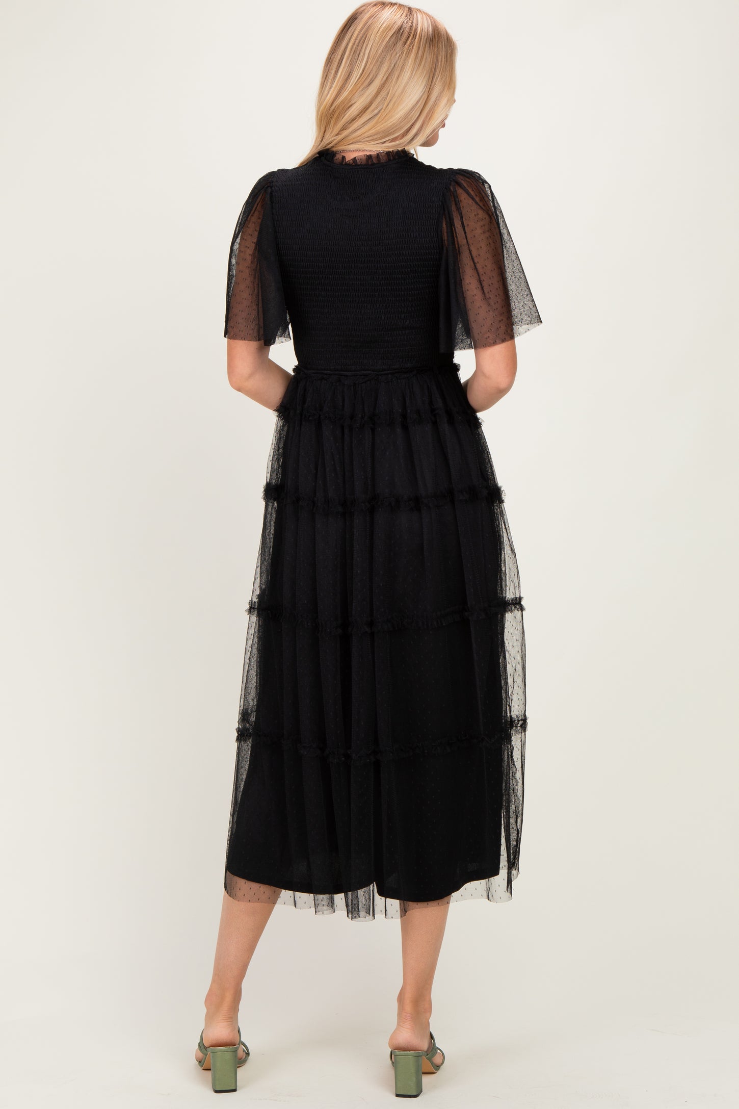Black Smocked Top Mesh Midi Dress