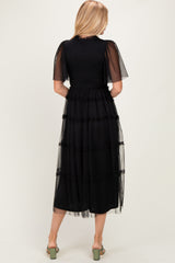 Black Smocked Top Mesh Midi Dress