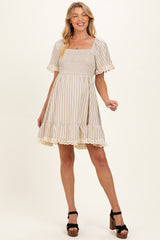 Beige Striped Smocked Lace Trim Maternity Dress