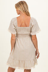 Beige Striped Smocked Lace Trim Maternity Dress