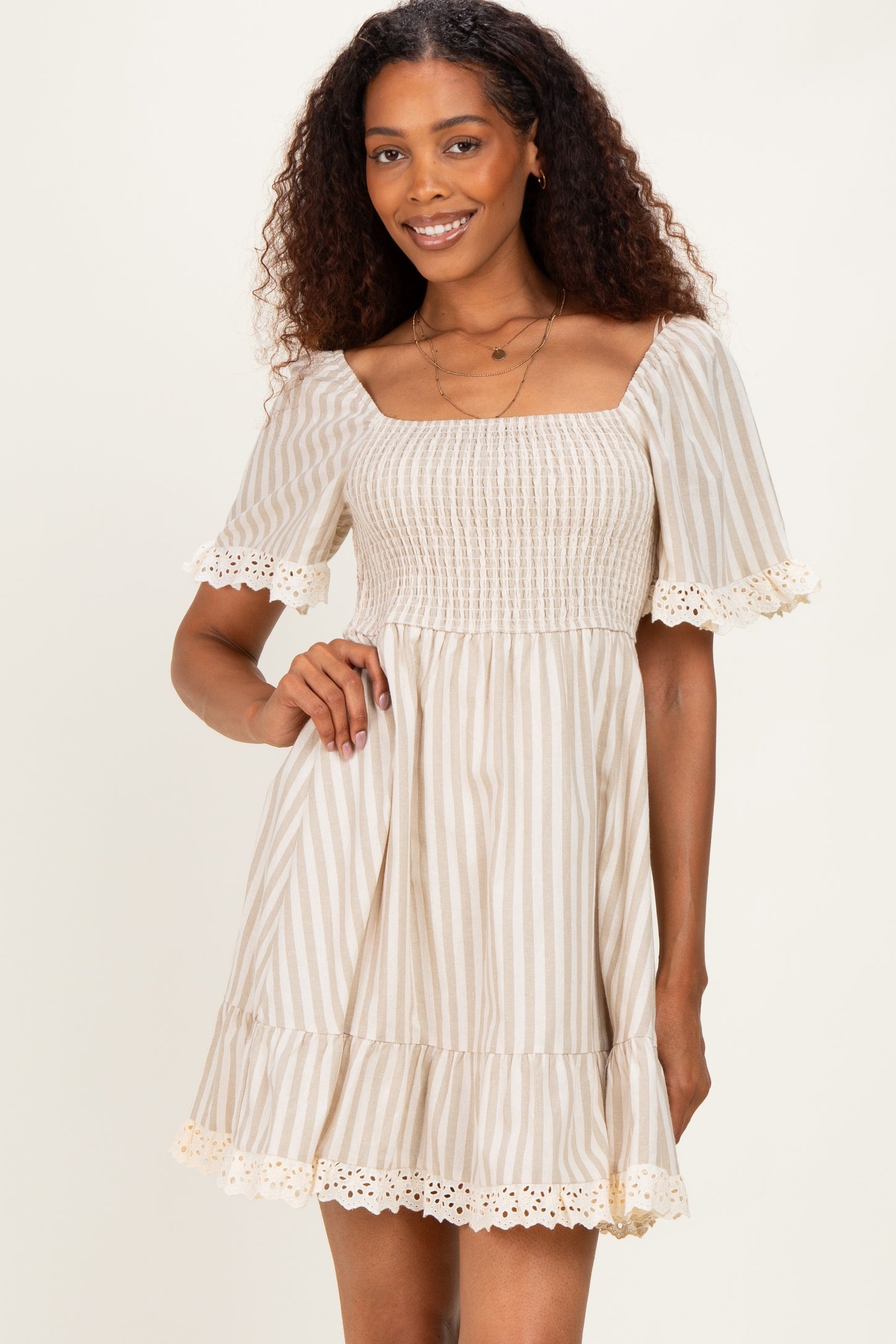 Beige Striped Smocked Lace Trim Maternity Dress
