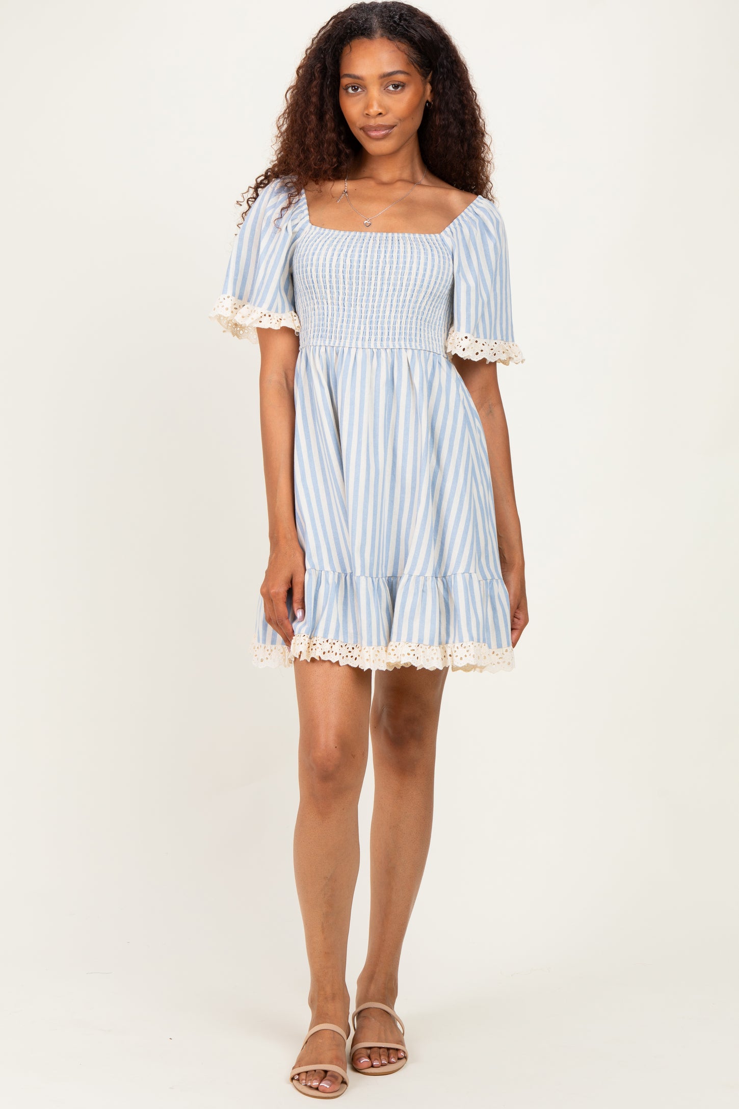 Light Blue Striped Smocked Lace Trim Maternity Dress