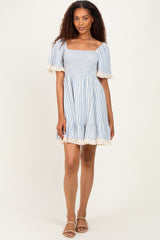 Light Blue Striped Smocked Lace Trim Maternity Dress