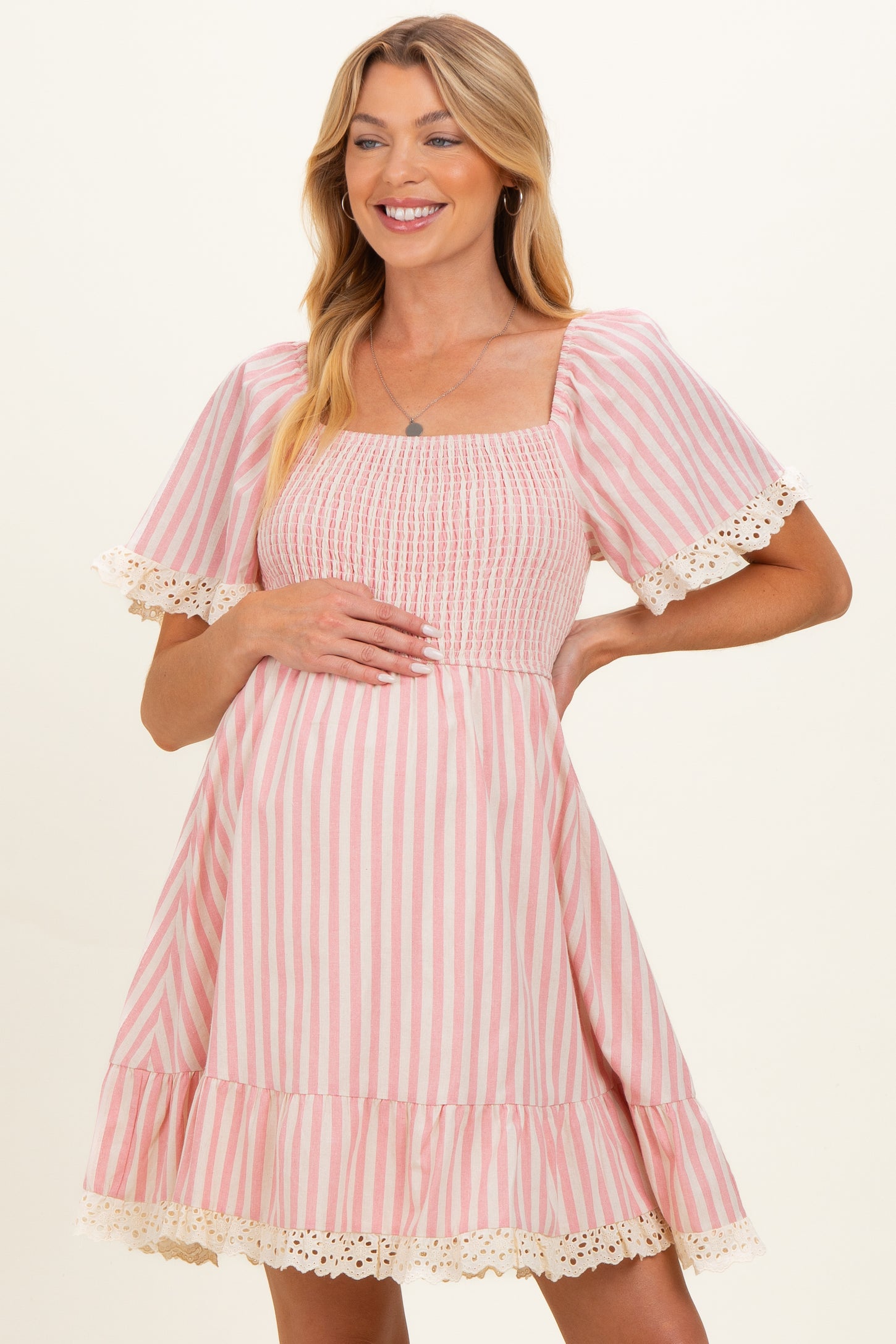 Light Pink Striped Smocked Lace Trim Maternity Dress