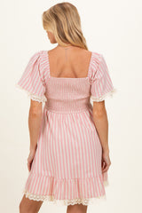 Light Pink Striped Smocked Lace Trim Maternity Dress