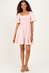 Light Pink Striped Smocked Lace Trim Maternity Dress