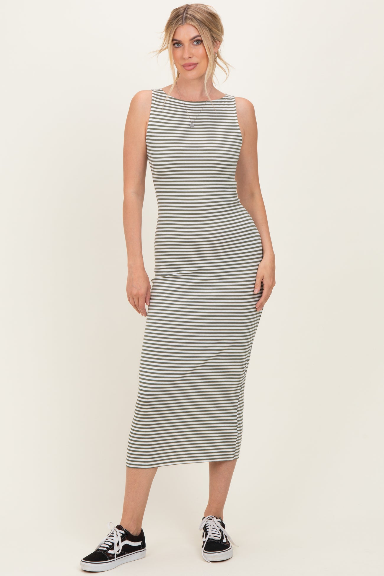 Olive Striped Boat Neck Sleeveless Maternity Midi Dress