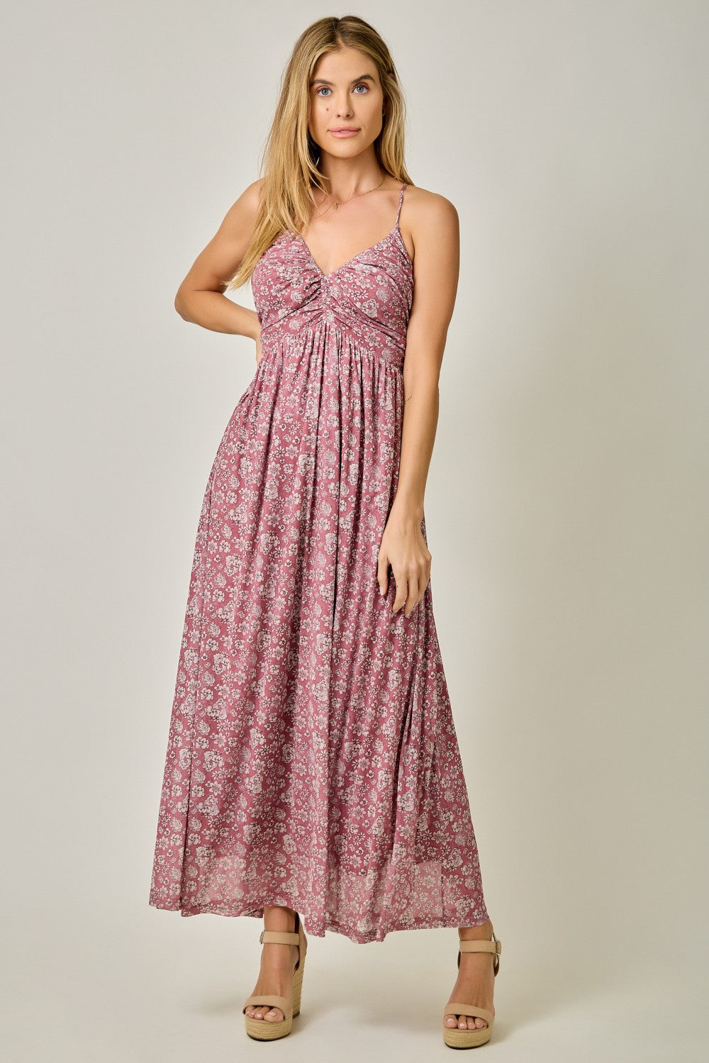 Mauve Criss-Cross Back Mesh Maternity Dress