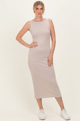 Mocha Striped Boat Neck Sleeveless Maternity Midi Dress