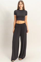 Black Short Sleeve Crop Top Wide Leg Pant Maternity Set